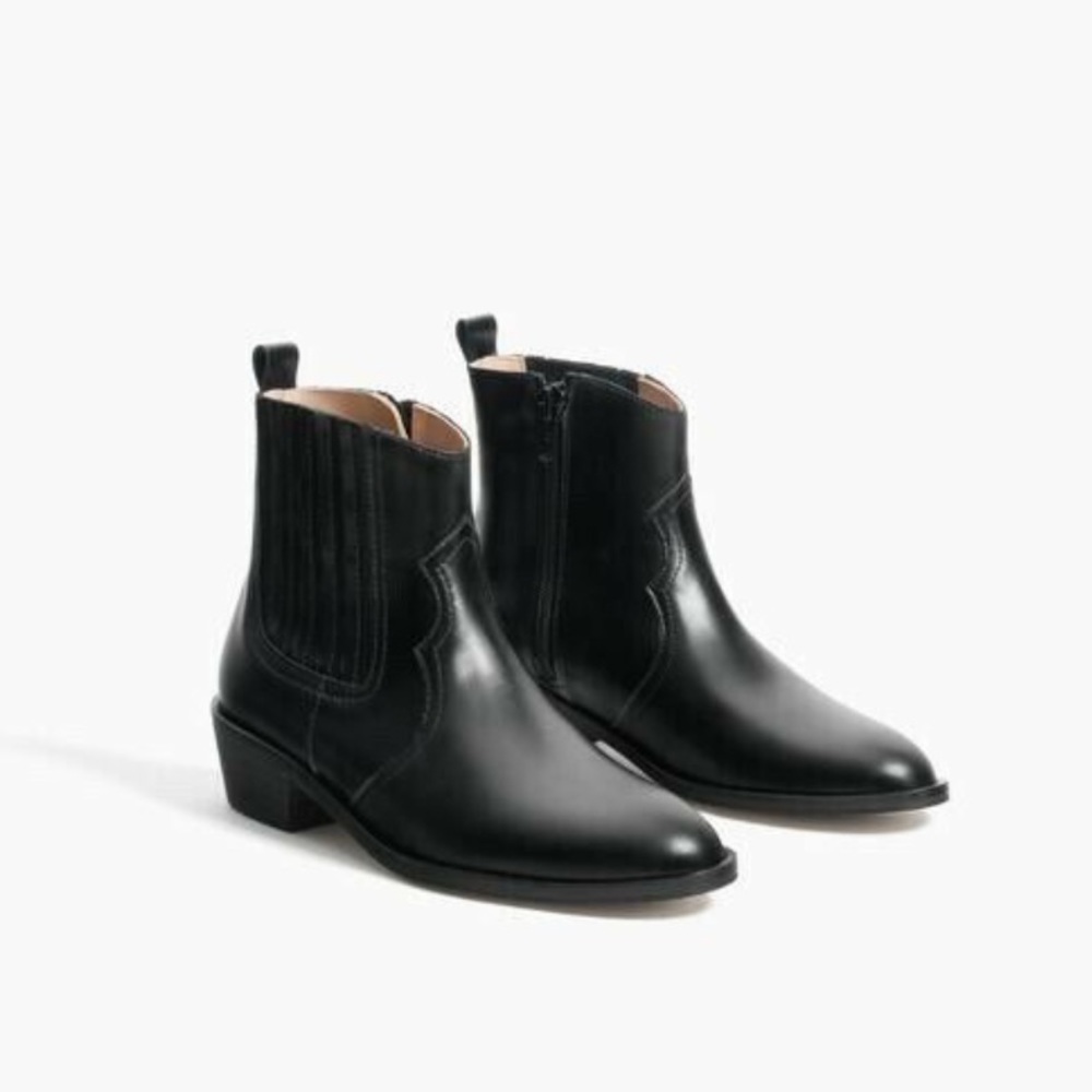 Zara black genuine leather cowboy western boots